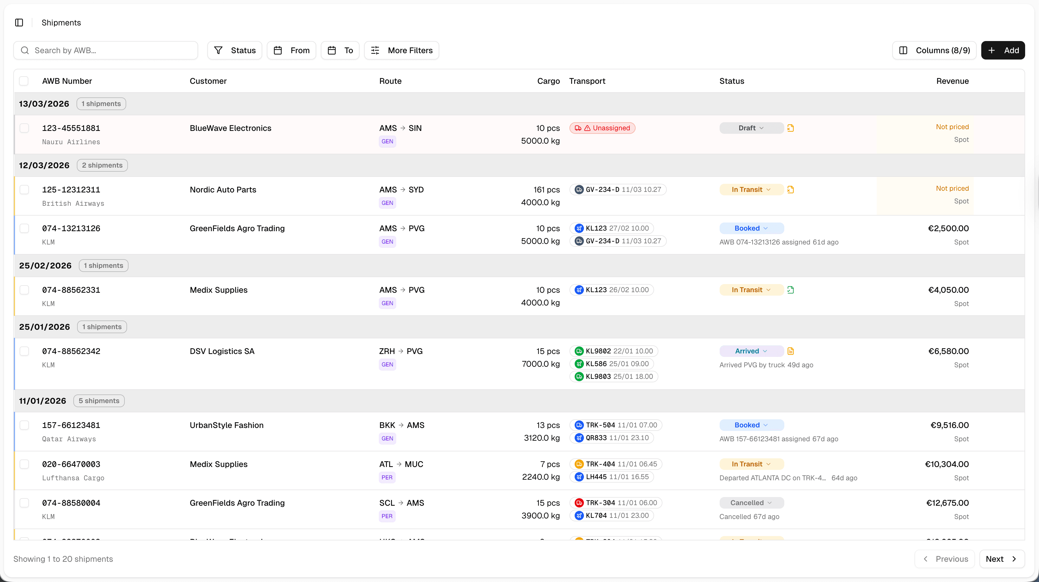 FreightSpark ONE — shipments dashboard
